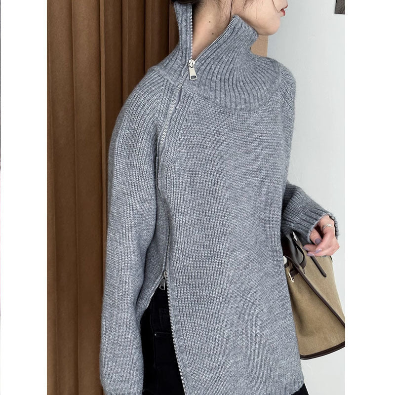 Pull Col Roulé Zippé Ample en Maille