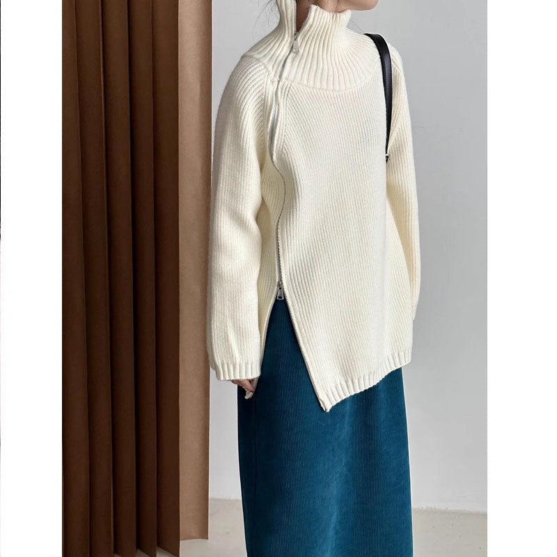 Pull Col Roulé Zippé Ample en Maille