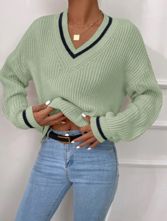 Pull Décontracté à Manches Longues en Patchwork Contrasté