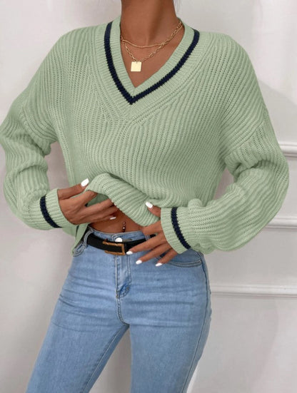 Pull Décontracté à Manches Longues en Patchwork Contrasté