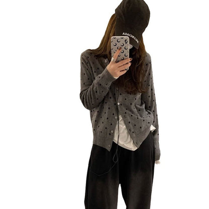 Cardigan Gris à Pois Manches Longues